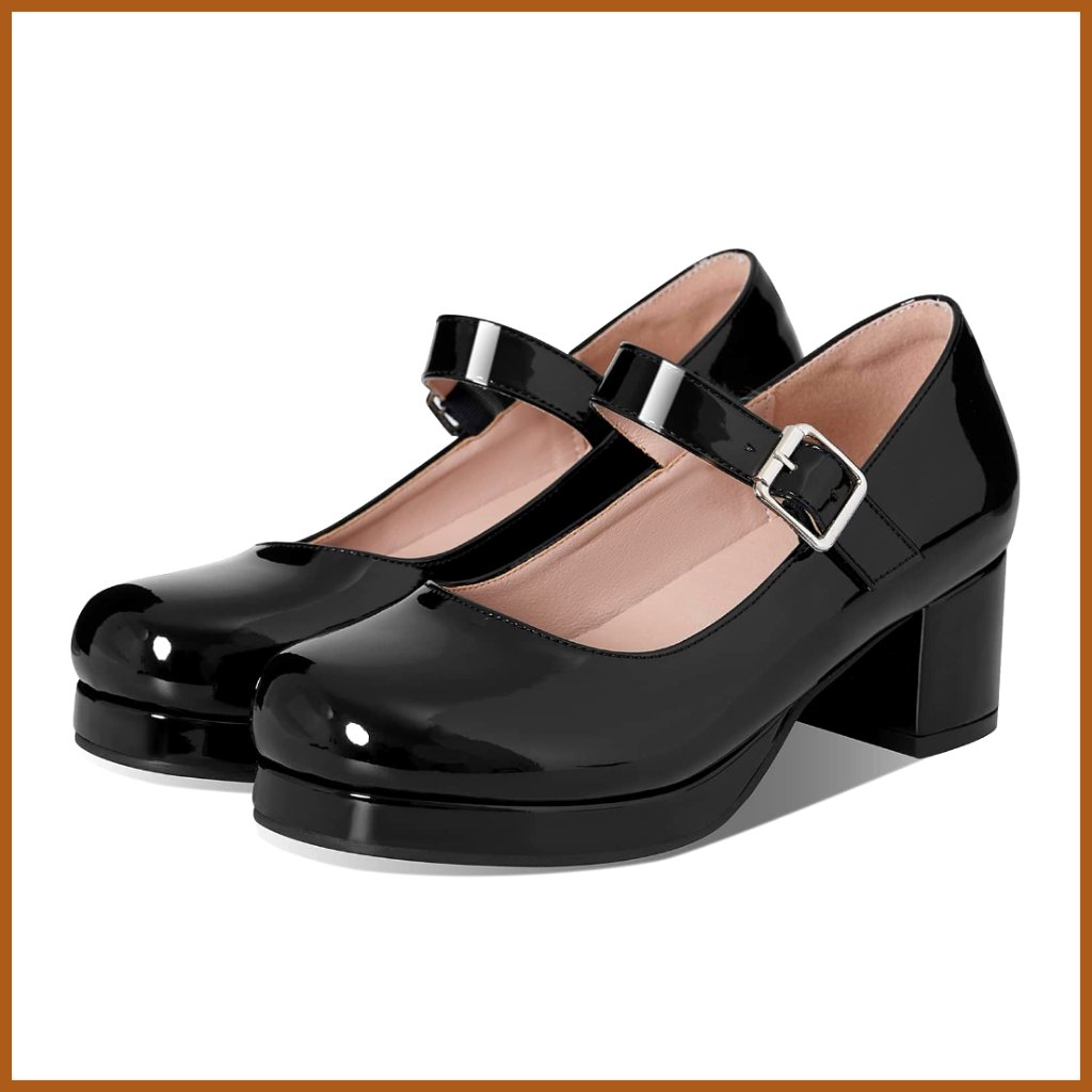 Faux Leather Mary Jane Pumps With Chunky Block Heel Ankle Buckle Strap
